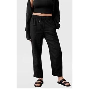 Athleta Retreat High Rise Linen Ankle Pant Black L Elastic Waist Pockets